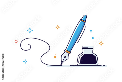 Calligraphy pens and ink for lettering elegant nib pen resting beside a small glass ink bottle with a flowing curved ink line forming a graceful flourish,