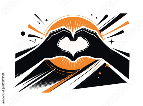 A black and white silhouette of hands shaping a heart with a bold graphic shadow, layered collage composition with strong white outline, diagonal lines,