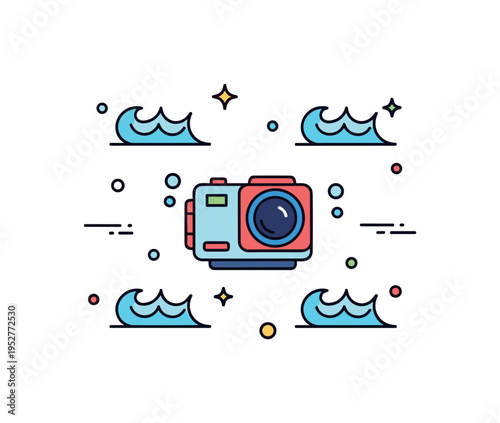 Action cameras underwater exploration theme showing a small waterproof camera framed by simple wave shapes and tiny bubble accents. A clean visual metaphor of