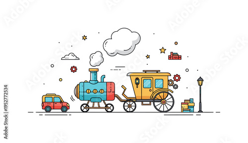 Steam-powered vehicles illustrated with a compact steampunk carriage on city streets with small gears and pipes, emphasizing retro-futuristic travel and