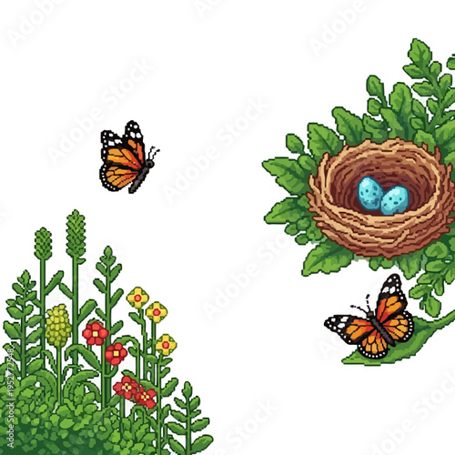 Set of 3 colorful garden icons vector with butterflies, flowers, and nest