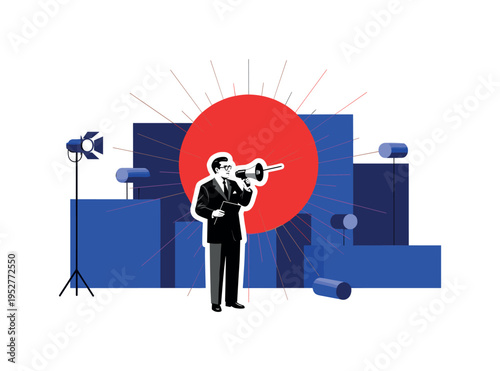 Black and white retro film director standing with megaphone giving instructions on a movie set, bold red geometric circle behind like a dramatic spotlight,