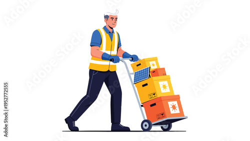 Logistic Worker on a Mission: An illustrated logistic worker confidently maneuvers a hand truck laden with neatly stacked boxes, ready to deliver goods.