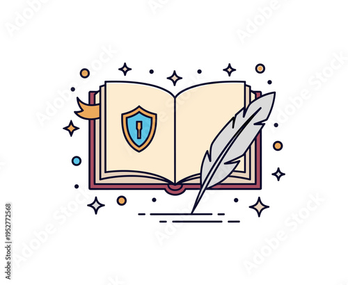 Medieval manuscript preservation represented by an open illuminated book with a quill and small decorative star accents, expressing dedication to copying and