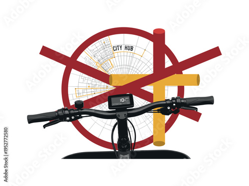 Monochrome close-up of electric cargo bike handlebars with digital display, high-contrast vintage feel, intersected by sharp abstract rectangles and