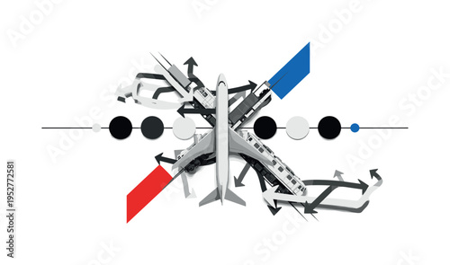 Black and white airplane and cargo train crossing diagonally in layered collage style, five bold circular shapes aligned along a thin horizontal axis, red and