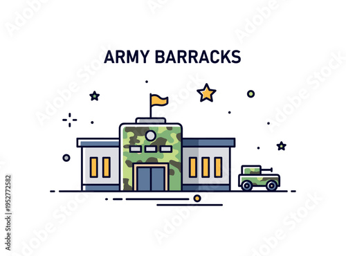 Army barracks facility concept showing a low building with a subtle camouflage pattern accent and a small vehicle icon nearby, representing daily military life