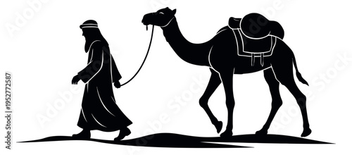 Graphic illustration of a bedouin man and a camel depicting desert travel for historical and cultural themes