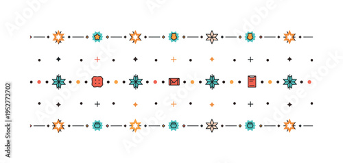 Scandinavian inspired fabric pattern featuring minimal star and diamond shapes arranged in tidy horizontal rows, suggesting warmth and decorative craft