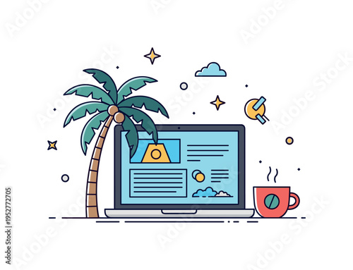 Remote work from the beach featuring a laptop as the central element, a palm tree silhouette, and a coffee cup placed nearby. The composition highlights