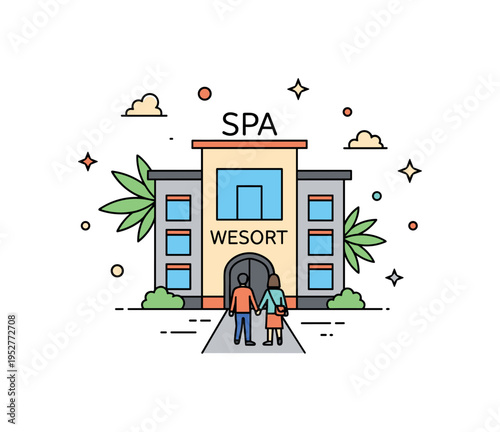 Spa getaway weekend small resort building icon with palm leaf accents and couple walking toward entrance holding hands. A modern editorial badge about romantic
