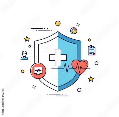 Healthcare and medical concept centered on a protective shield with a medical cross and subtle heart pulse line, symbolizing safety, care, and