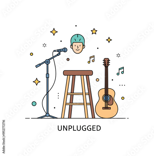 Live concert acoustic session vibe featuring a simple stool with an acoustic guitar and microphone, conveying intimate performance and storytelling through