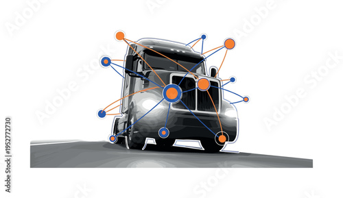 Black and white realistic truck driving forward, bold circular nodes and intersecting linear paths forming a global network around it, flat contrasting accents