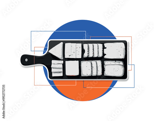 Black and white realistic cheese platter viewed from above with assorted wedges and slices arranged neatly, bold blue circular halo behind the board and bright