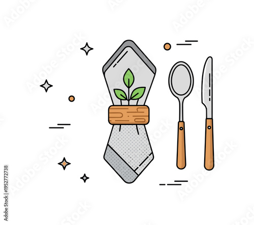 Rustic table setting detail featuring a wooden napkin ring around a textured fabric napkin, paired with a subtle leaf motif that evokes natural charm. The