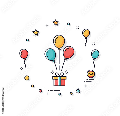 Celebration of joy with colorful balloons floating upward around a small gift box symbolizing surprise and delight. Clean circular arrangement keeps the focus