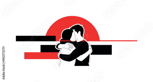 Monochrome portrait of two people embracing in support, intersected by a large red semicircle and abstract rectangular blocks symbolizing safety and structure,