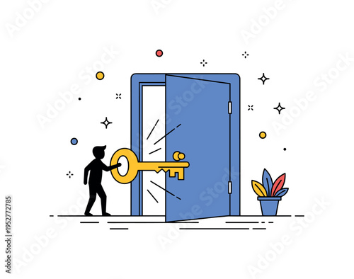 Unlocking potential personal growth concept featuring a small human silhouette opening a large key shaped door with light shining through, expressing