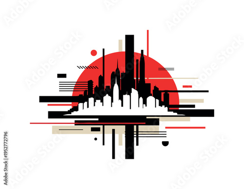 monochrome city district skyline silhouette, surrounded by red semicircle and black abstract rectangular shapes, flat geometric accents and structured line