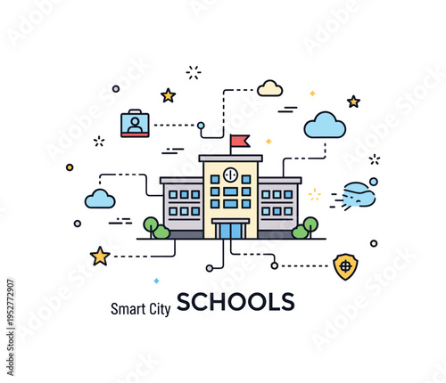 Smart city technology in schools featuring a modern school building connected to subtle digital network lines and small cloud icons, expressing integrated