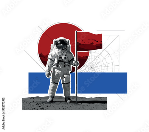 Black and white realistic astronaut planting a flag on Martian surface, oversized deep red circle behind the helmet symbolizing Mars, bold cobalt