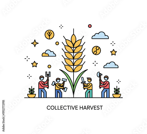 Shared harvest system scene featuring a single grain sheaf placed at the center with small figures around it holding tools, symbolizing communal labor and