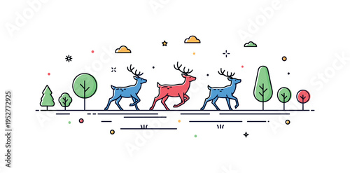 Forest herd crossing featuring compact deer silhouettes moving between simplified tree icons. The image communicates alertness, seasonal transition, and