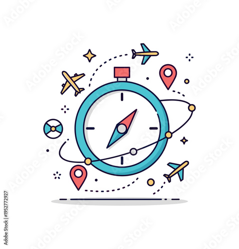 Travel planning compass concept featuring a simplified compass face with tiny airplane and location pin icons orbiting around it, representing global journeys