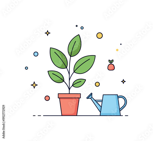 Urban indoor plant care theme represented by a single leafy houseplant beside a small watering can, symbolizing daily nurturing and mindful living. The