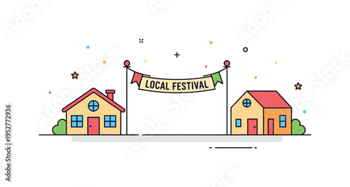 Neighborhood street festival scene illustrated by a tiny banner between two houses with subtle confetti dots, representing local celebration and togetherness.