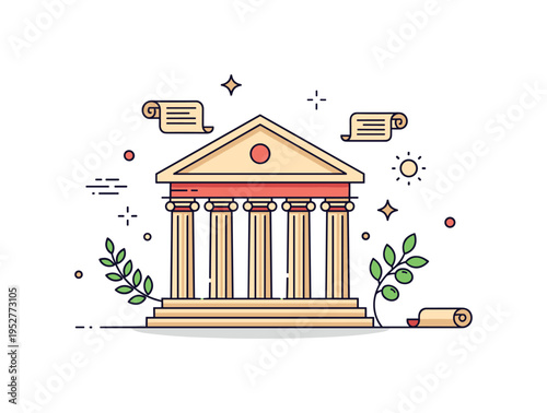 Ancient Greek civilization illustrated with a simplified columned temple and a small olive branch beside it, expressing philosophy, democracy and classical