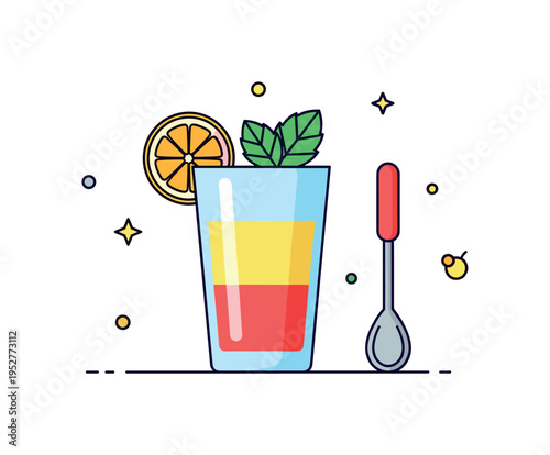 Holiday mocktail preparation concept featuring a bright layered drink with citrus slice and mint leaf beside a small mixing spoon, symbolizing inclusive