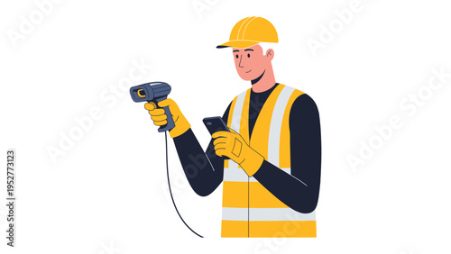 Tech-Savvy Inspector at Work: A diligent inspector, equipped with modern tools, expertly scans a device and mobile phone to ensure efficient data management and streamline processes. 