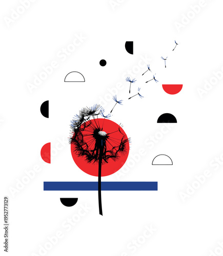 Black and white dandelion with seeds gently drifting like quiet words, bold red circular accent overlapping the stem, deep blue horizontal line grounding