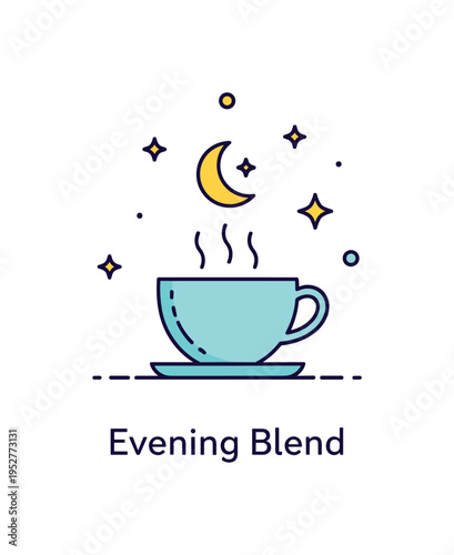Cafe evening ambiance concept featuring a compact coffee cup with gentle steam lines and a small crescent moon icon above, conveying calm nighttime atmosphere