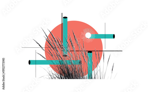 black and white tall savanna grasses in close-up perspective, framed by large coral circular backdrop and teal cylinder shapes, thin intersecting graphic lines