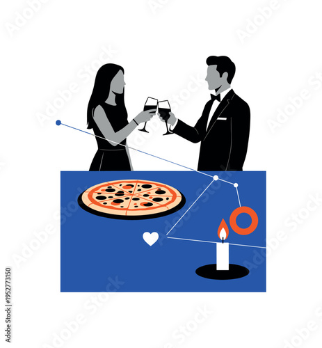 Black and white couple clinking glasses above a pizza, bold blue block grounding lower composition, orange circular accent near candle flame, thin connecting