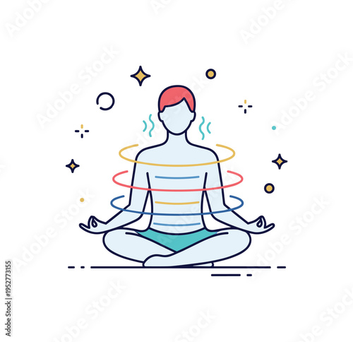 Mindful breathing session represented by a calm silhouette sitting cross legged with gentle curved lines around the body symbolizing slow inhales and exhales,