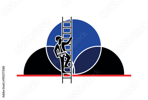 Black and white worker climbing ladder wearing hard hat, large deep blue circle centered behind upper body symbolizing ambition, thin red horizontal accent