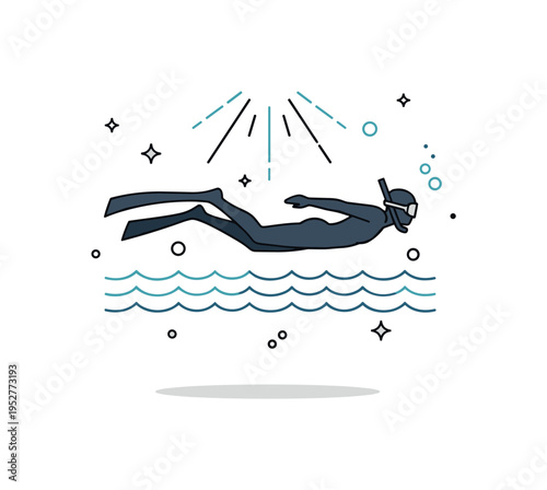 Freediver silhouette gliding gracefully beneath gentle wave lines with subtle sunlight rays from above, expressing freedom and fluid movement underwater. The