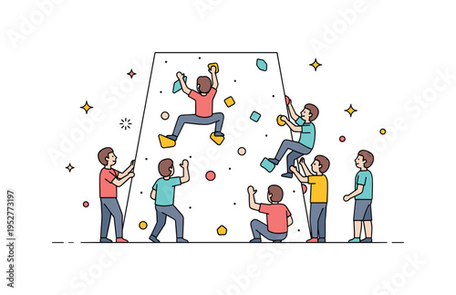 Climbing gym community small group of climbers watching and encouraging a teammate on the wall, subtle star accents highlighting support and shared passion. A