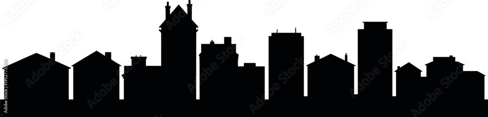 Fototapeta premium Residential urban skyline silhouette with houses and buildings isolated on white background, neighborhood cityscape illustration for architecture and design projects