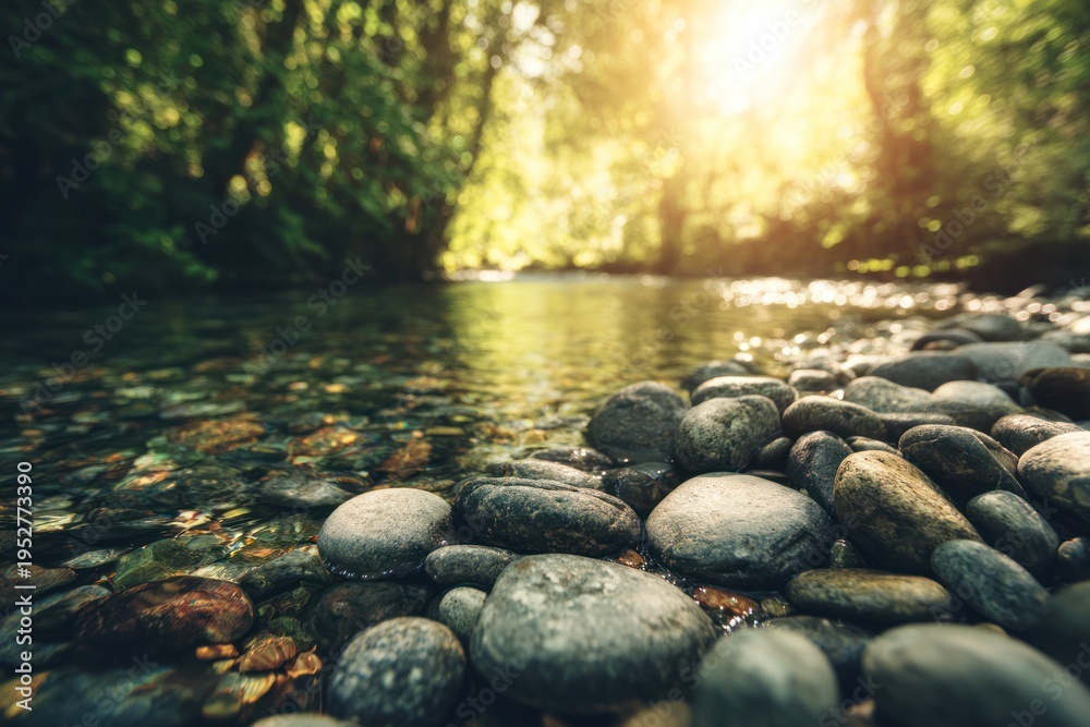 Fototapeta premium Smooth river stones rest on a riverbank in a lush forest with bright sunlight filtering through the dense green canopy of a peaceful woodland.