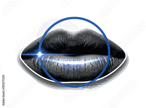 Monochrome macro view of lips showing natural texture detail, layered with blue circular frame and fine diagonal lines suggesting micro-structure, radiant