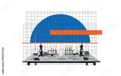 Black and white lab table with scattered instruments arranged symmetrically, oversized cobalt blue semicircle intersected by bright orange rectangular bar