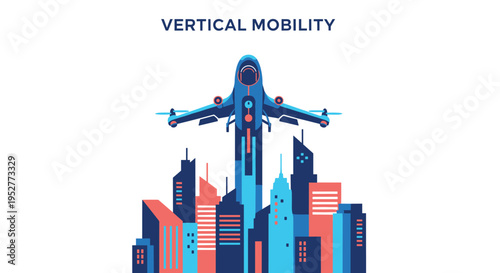 A blue and red airplane is shown taking off vertically from a stylized cityscape with various buildings on a white background.