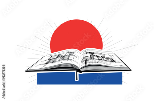 Black and white sketchbook lying open with rough architectural lines visible, oversized bold red circle behind the notebook as focal spotlight, cobalt blue