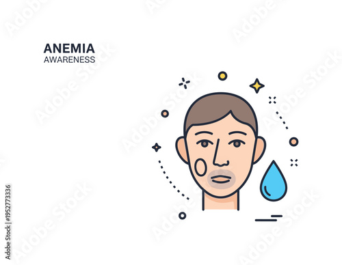 Anemia awareness concept centered on a simplified face with muted skin tone and a small drop icon nearby, expressing low iron or reduced blood levels. An