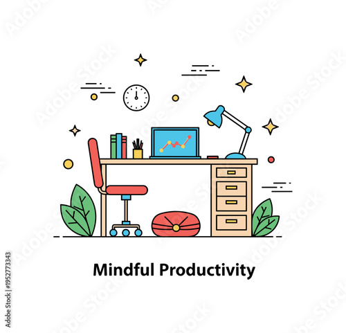 Digital detox coworking getaway centered on a shared desk paired with a small meditation cushion and leafy accents. A compact ?Mindful Productivity? caption